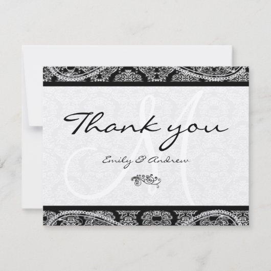 Monogram Black Damask Paisley Wedding Bedankt (Voorkant)
