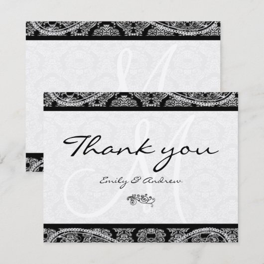 Monogram Black Damask Paisley Wedding Bedankt (Voorkant / Achterkant)