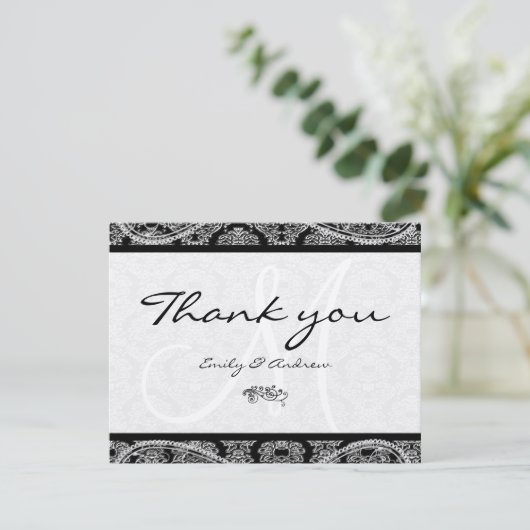 Monogram Black Damask Paisley Wedding Bedankt (Staand voorkant)
