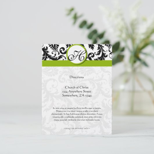 Monogram Black Damask Swirl Wedding Direction Card Informatiekaartje (Staand voorkant)