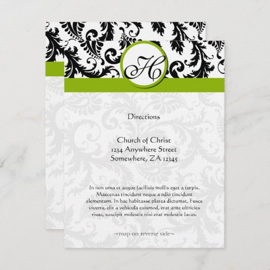 Monogram Black Damask Swirl Wedding Direction Card Informatiekaartje (Voorkant / Achterkant)