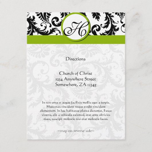 Monogram Black Damask Swirl Wedding Direction Card Informatiekaartje (Voorkant)