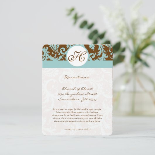 Monogram Black Damask Swirl Wedding Direction Card Kaart (Staand voorkant)