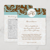Monogram Black Damask Swirl Wedding Direction Card Kaart (Voorkant / Achterkant)