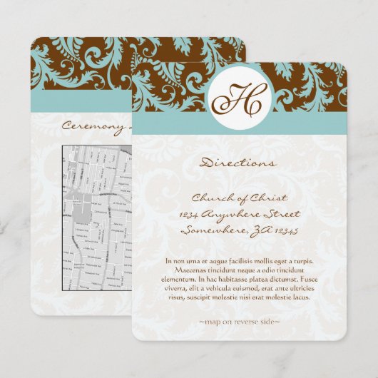 Monogram Black Damask Swirl Wedding Direction Card Kaart (Voorkant / Achterkant)