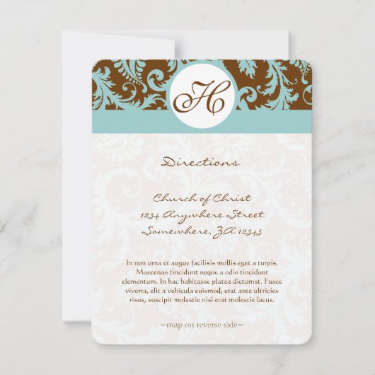 Monogram Black Damask Swirl Wedding Direction Card Kaart (Voorkant)