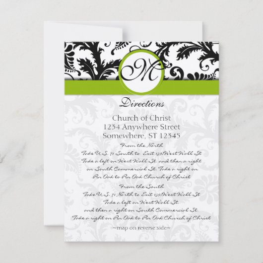 Monogram Black Damask Swirl Wedding Direction Card Kaart (Voorkant)