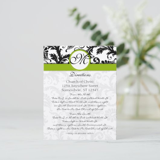 Monogram Black Damask Swirl Wedding Direction Card Kaart (Staand voorkant)