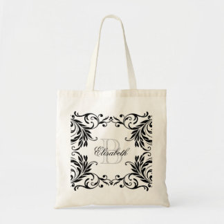 Monogram Black Damask Tote Bag