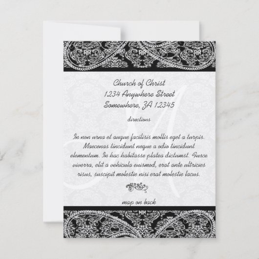 Monogram Black Damask Wedding Direction Kaart (Voorkant)