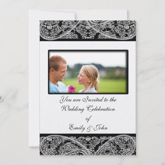 Monogram Black Damask Wedding Invitation Foto Kaart (Voorkant)