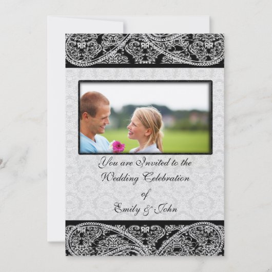 Monogram Black Damask Wedding Invitation Foto Kaart (Voorkant)