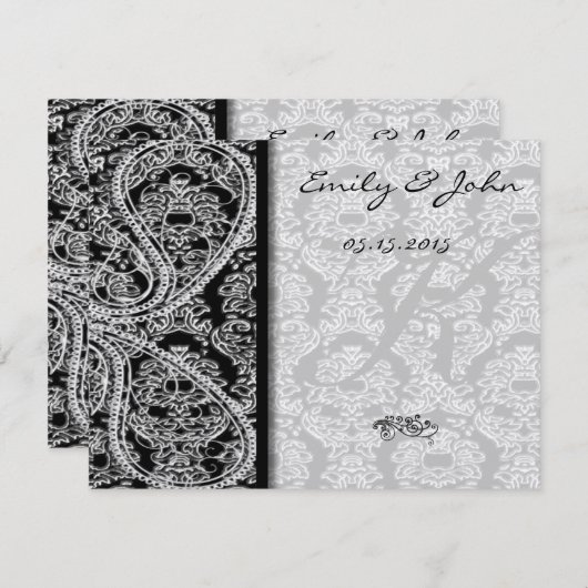 Monogram Black Damask Wedding Table Number Kaarten (Voorkant / Achterkant)