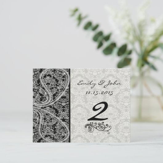 Monogram Black Damask Wedding Table Number Kaarten (Staand voorkant)