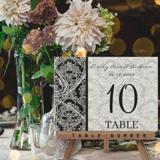 Monogram Black Damask Wedding Table Number Kaarten