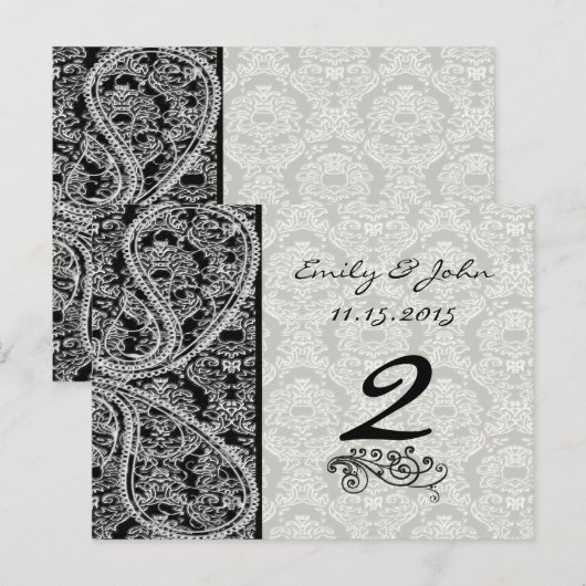 Monogram Black Damask Wedding Table Number Kaarten (Voorkant / Achterkant)