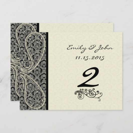 Monogram Black Damask Wedding Table Number Kaarten (Voorkant / Achterkant)