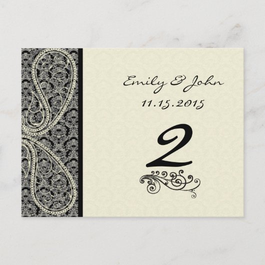 Monogram Black Damask Wedding Table Number Kaarten (Voorkant)