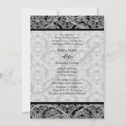 Monogram Black Damask Wedding Uitnodiging (Voorkant)