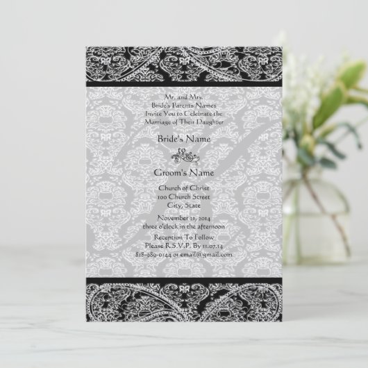 Monogram Black Damask Wedding Uitnodiging (Staand voorkant)