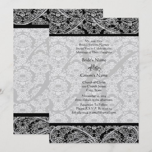 Monogram Black Damask Wedding Uitnodiging (Voorkant / Achterkant)