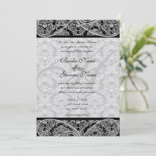 Monogram Black Damask Wedding Uitnodiging (Staand voorkant)
