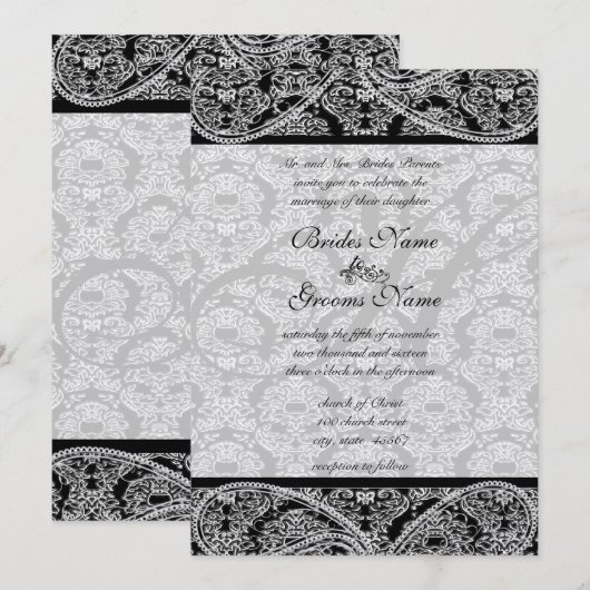 Monogram Black Damask Wedding Uitnodiging (Voorkant / Achterkant)