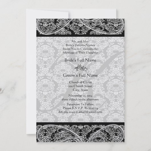 Monogram Black Damask Wedding Uitnodiging (Voorkant)
