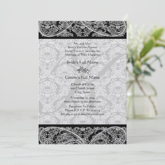 Monogram Black Damask Wedding Uitnodiging (Staand voorkant)