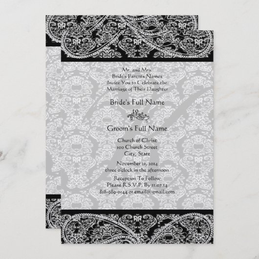 Monogram Black Damask Wedding Uitnodiging (Voorkant / Achterkant)