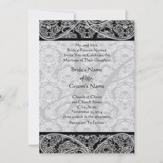 Monogram Black Damask Wedding Uitnodiging (Voorkant)