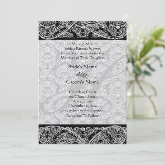 Monogram Black Damask Wedding Uitnodiging (Staand voorkant)