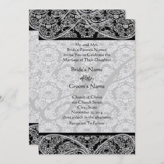 Monogram Black Damask Wedding Uitnodiging (Voorkant / Achterkant)