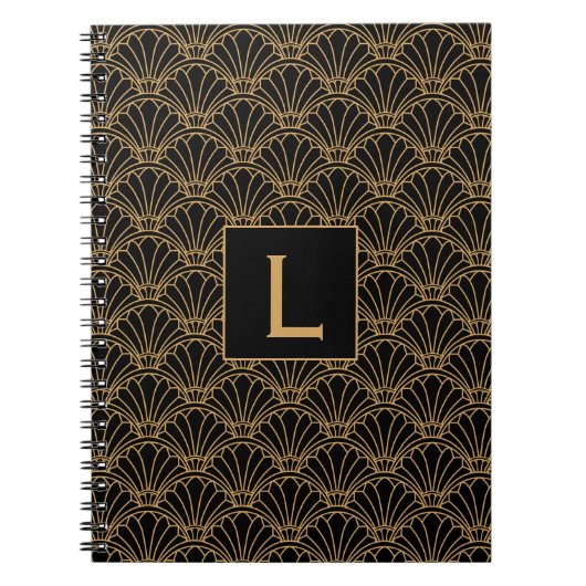 Monogram Black en Gold Art Deco Fan Flowers Motif Notitieboek (Voorkant)
