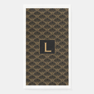 Monogram Black en Gold Art Deco Fan Flowers Motif Servet