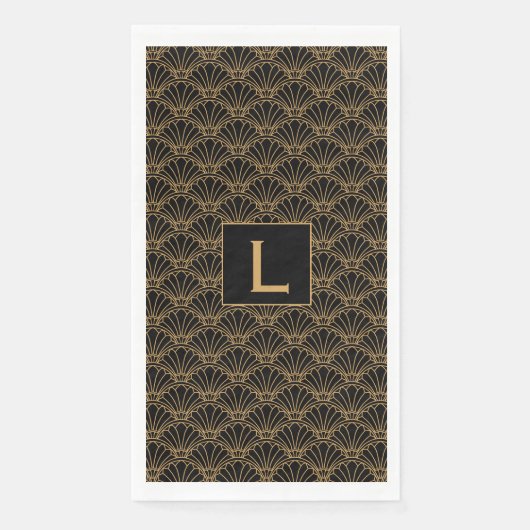 Monogram Black en Gold Art Deco Fan Flowers Motif Servet (Voorkant)