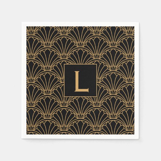 Monogram Black en Gold Art Deco Fan Flowers Motif Servet (Voorkant)