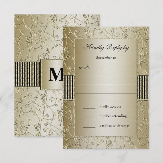 Monogram Black en Gold Floral Swirl Wedding Kaart (Voorkant / Achterkant)