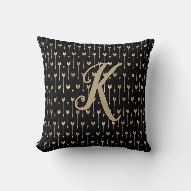 Monogram Black en Gold Glitter Arrow Patroon Kussen (Voorkant)