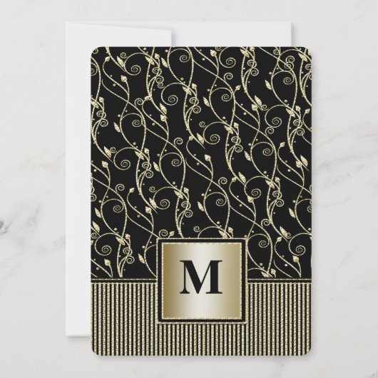 Monogram Black en Gold Swirl Wedding Kaart (Achterkant)