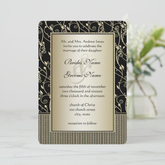 Monogram Black en Gold Swirl Wedding Kaart (Staand voorkant)