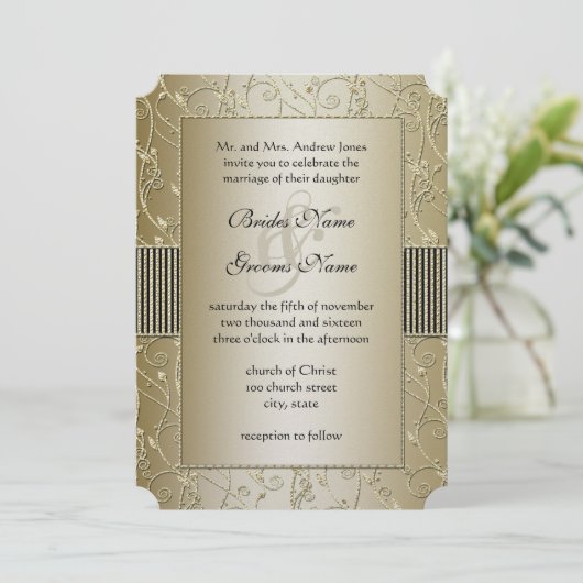 Monogram Black en Gold Swirl Wedding Kaart (Staand voorkant)