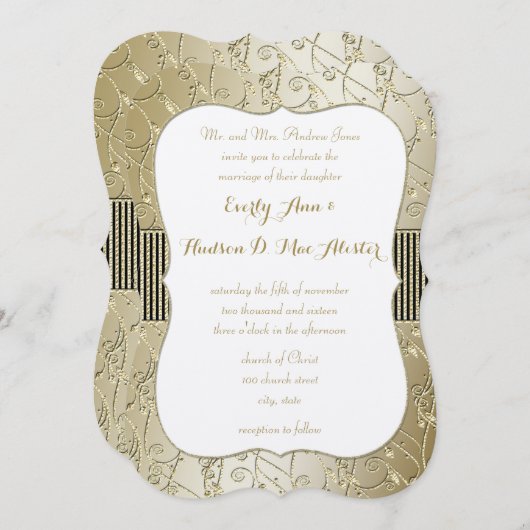 Monogram Black en Gold Swirl Wedding Kaart (Voorkant / Achterkant)