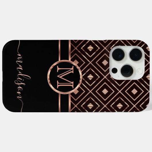 Monogram Black en Roos Gold Diamond Pattern Case-Mate iPhone Case (Achterkant (horizontaal))