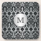 Monogram Black en Silver Damask Onderzetter Set (6 (Voorkant)