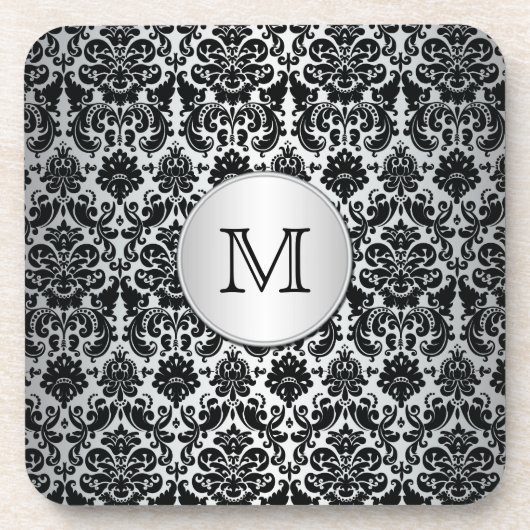 Monogram Black en Silver Damask Onderzetter Set (6 (Voorkant)
