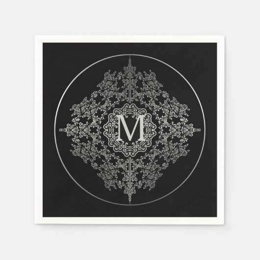 Monogram Black en Silver Filigree Motif Napkins Servetten (Voorkant)