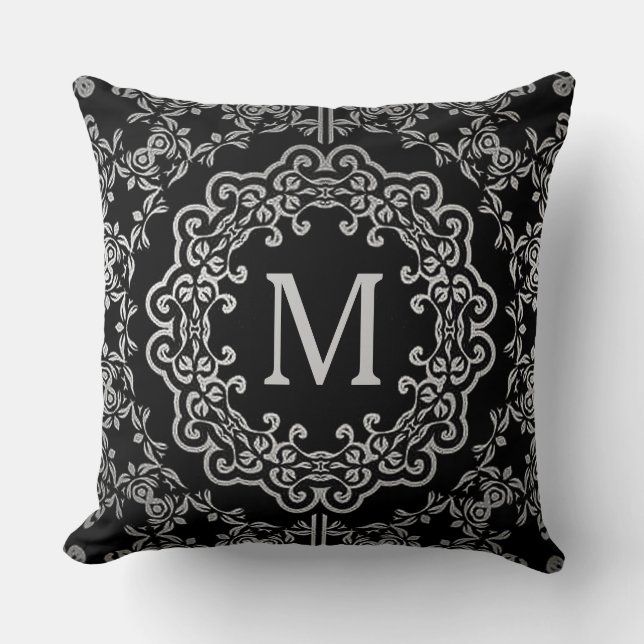 Monogram Black en Silver Filigree Motif Pillow Kussen (Voorkant)
