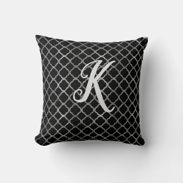 Monogram Black en Silver Glitter Quatrefoil Kussen (Voorkant)