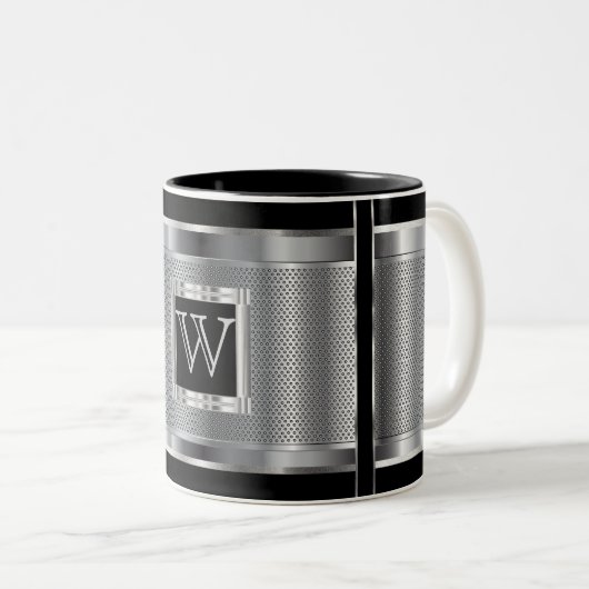 Monogram Black en Silver Steel Metal Mesh Tweekleurige Koffiemok (Voorkant rechts)